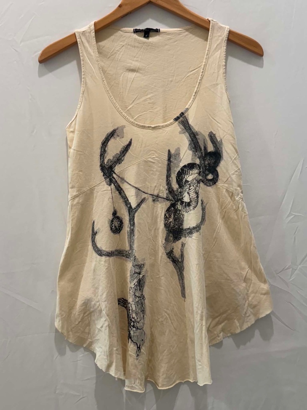 Truly Madly Deeply Women Cream Tank Top with Black Graphic Cotton Size S